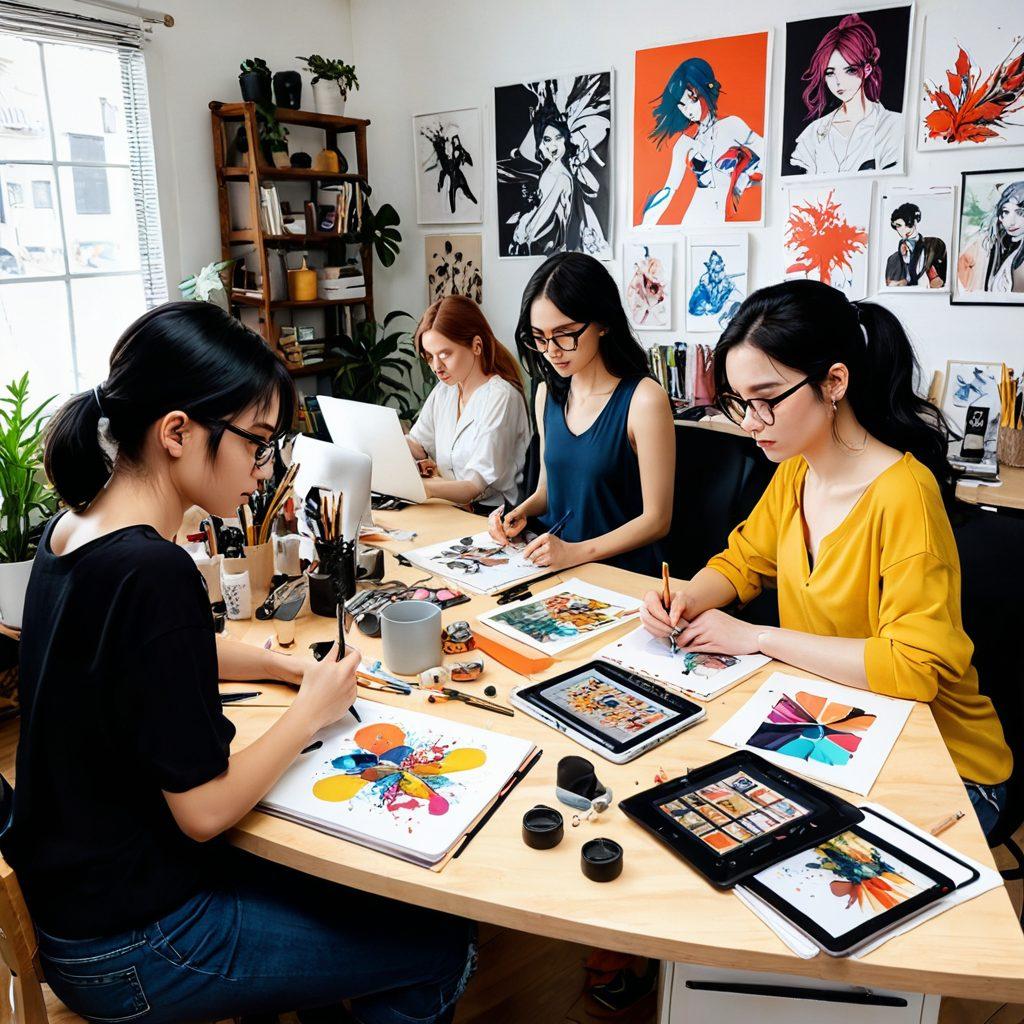 A dynamic and provocative scene showcasing artists and creators passionately involved in crafting hentai and erotic content, surrounded by colorful sketches, vibrant character designs, and creative tools. The atmosphere should convey a blend of professionalism and artistic freedom, incorporating playful elements that reflect the taboo nature of the subject. Include a diverse group of individuals collaborating in an open studio setting. minimalistic background. vibrant colors. 3D.